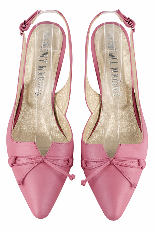 Carnation pink women's open back shoes, with a knot. Tapered toe. Medium comma heels. Top view - Florence KOOIJMAN